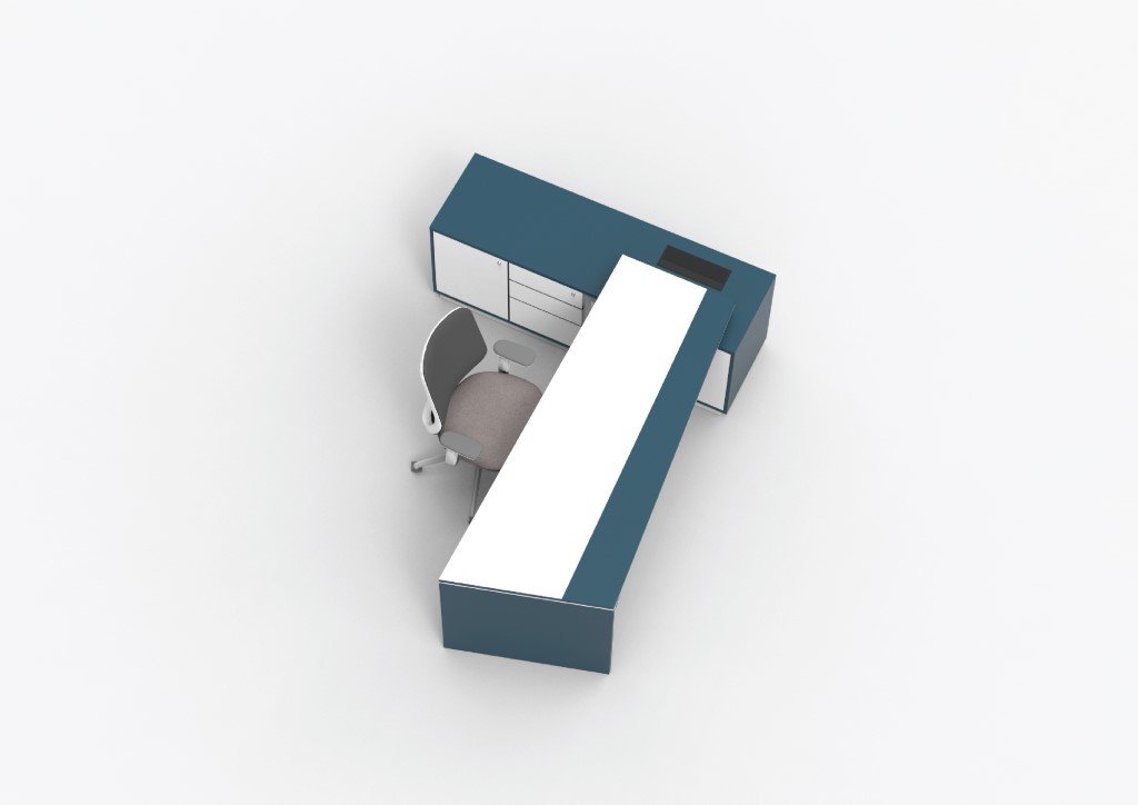 L-shaped reception desk with overhead view showing storage drawers, white work surface, and office chair.