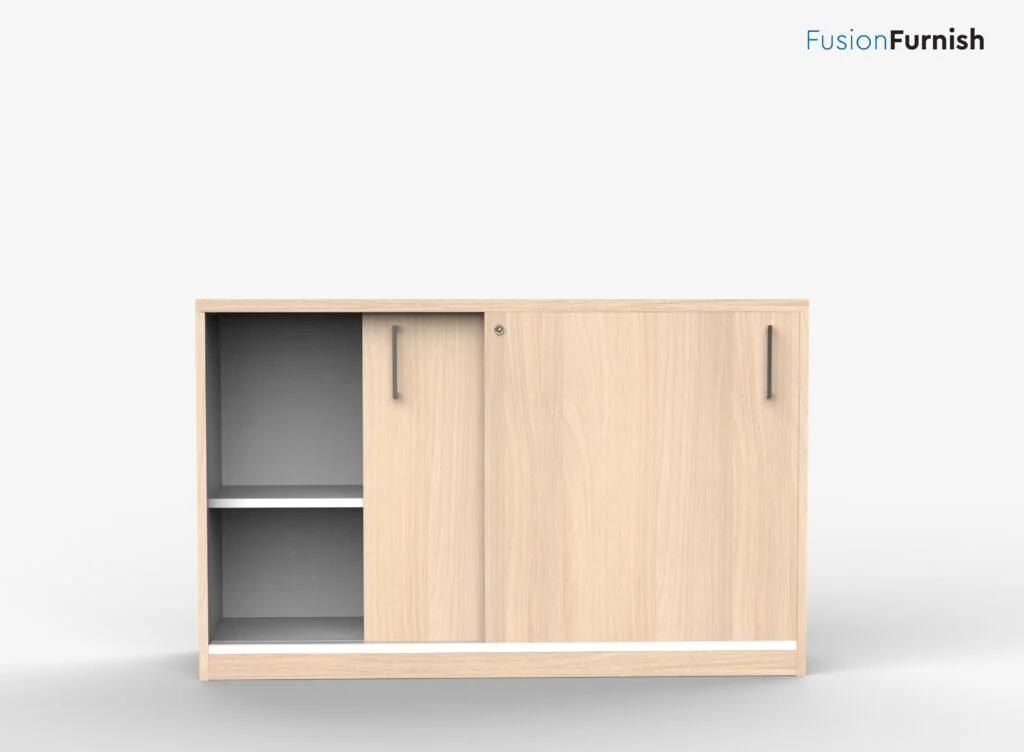 Low filling cabinet with open shelves and sliding door.