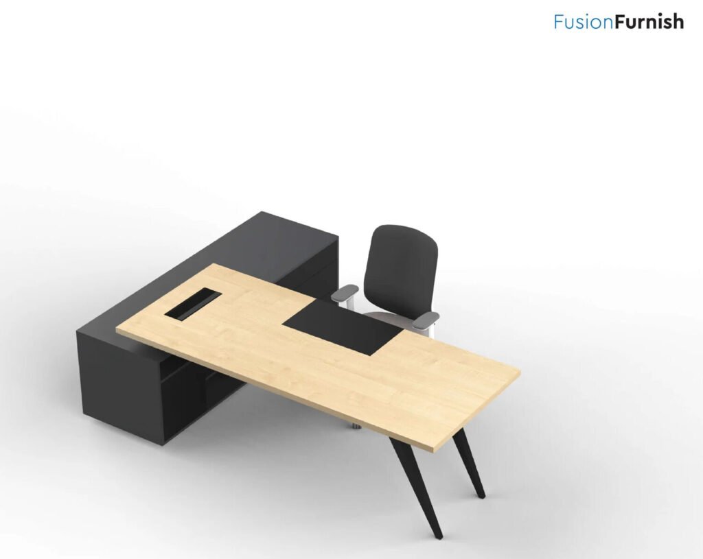 A sleek, modern office desk with a light wood surface, integrated black storage unit, and paired with a black ergonomic chair, designed for a contemporary workspace.