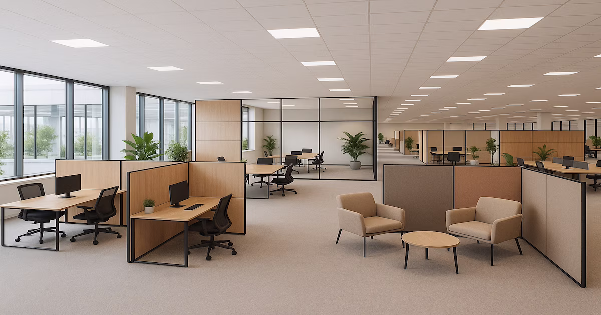 Modern office space featuring movable partitions that define workstations and private zones.
