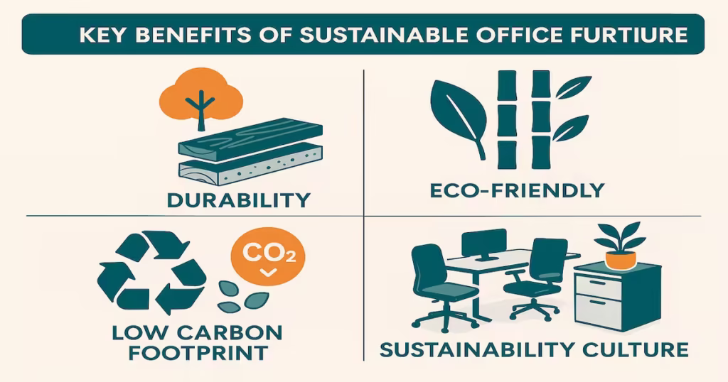 Displaying the benefits of sustainable office furniture: durability, eco-friendly materials, low carbon footprint with CO2 reduction, and fostering a sustainability-focused office environment.