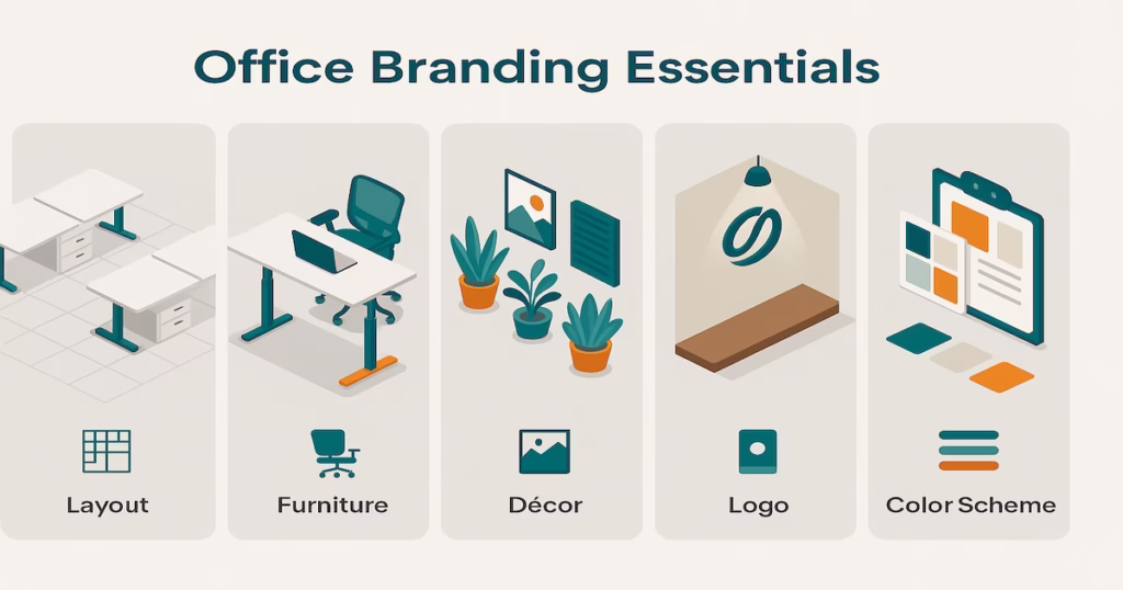Infographic showing how office design elements like color, logo placement, furniture style, and layout reinforce branding.