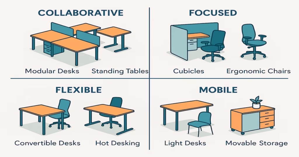 showing types of office furniture: modular desks and standing tables for collaboration, cubicles and ergonomic chairs for focused work, convertible desks and hot desking for flexibility, and light desks and movable storage for mobility.