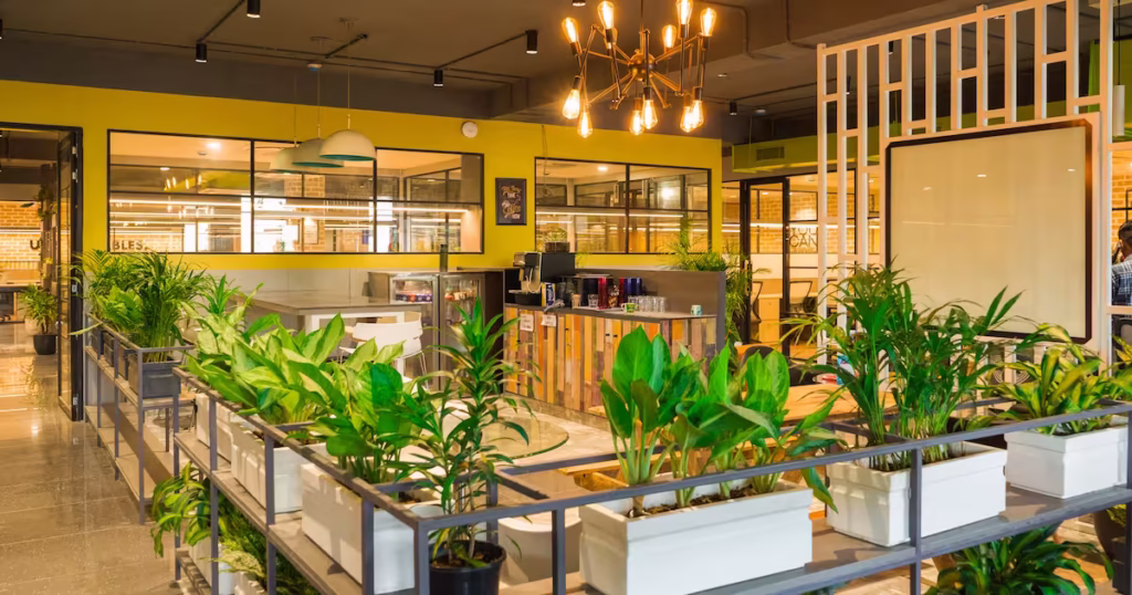 Fusion Furnish modular desks with built‑in planters showing biophilic premium office furniture in an open workspace.