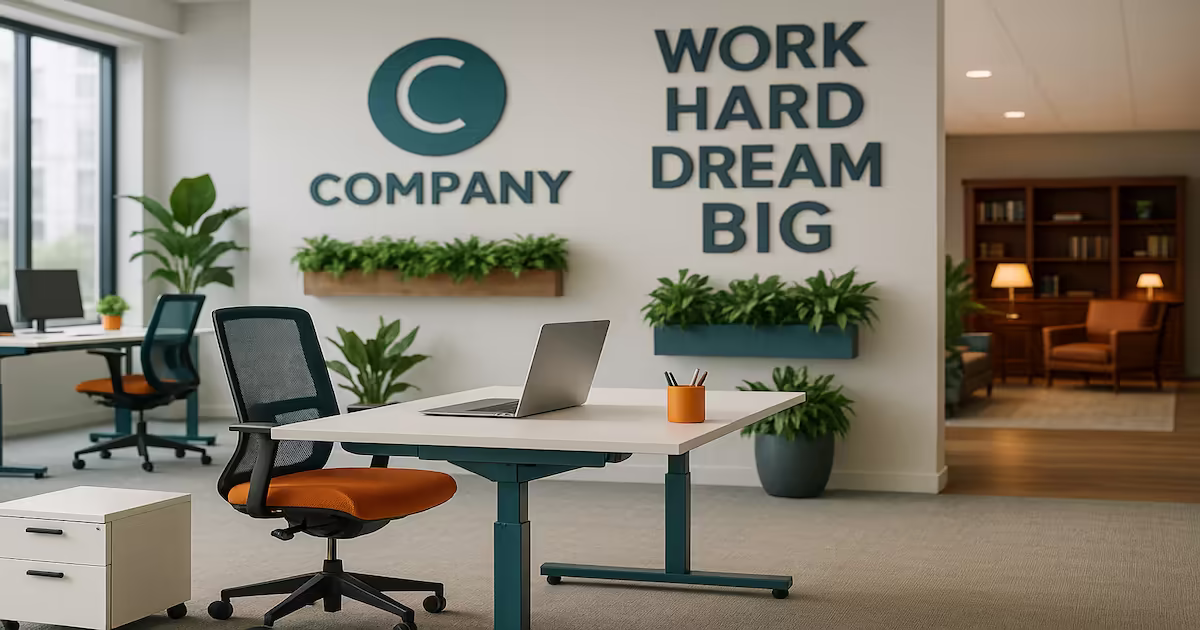 Office branding concept showcasing custom desks, brand-colored partitions, and signage that reflects Fusion Furnish design standards.