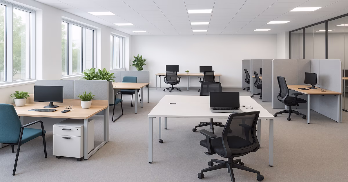 Spacious modern office with cubicles along the wall, collaborative desks in the center, ergonomic chairs, desktop monitors, and green indoor plants enhancing the workspace.