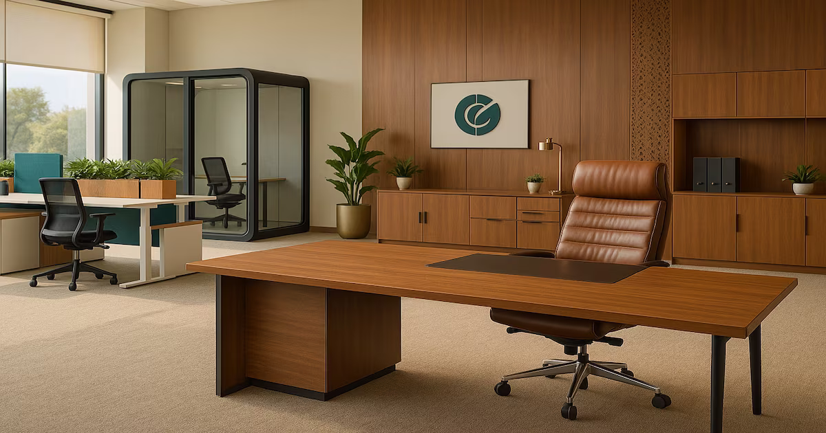 Representative image of Fusion Furnish premium office furniture: walnut executive desk, ribbed leather ergonomic chair, acoustic phone pod, modular sit‑stand workstations and biophilic planters illustrating 2025 workspace trends.