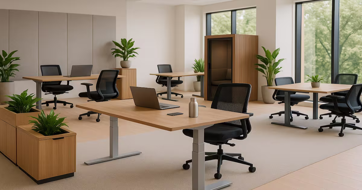 Modern open office setup featuring height-adjustable desks, black ergonomic chairs, indoor plants, and a wooden acoustic booth.