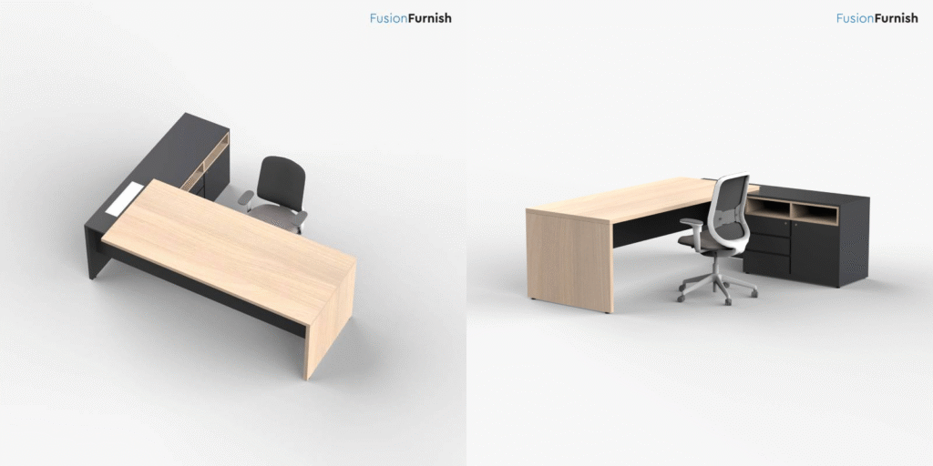 Modern L-shaped wooden office desk by Fusion Furnish with black storage unit and ergonomic chair.