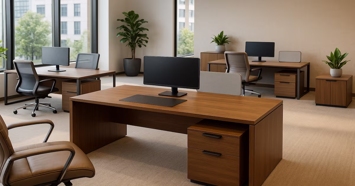 Open office layout featuring wooden desks, ergonomic chairs, desktop monitors, and indoor plants.